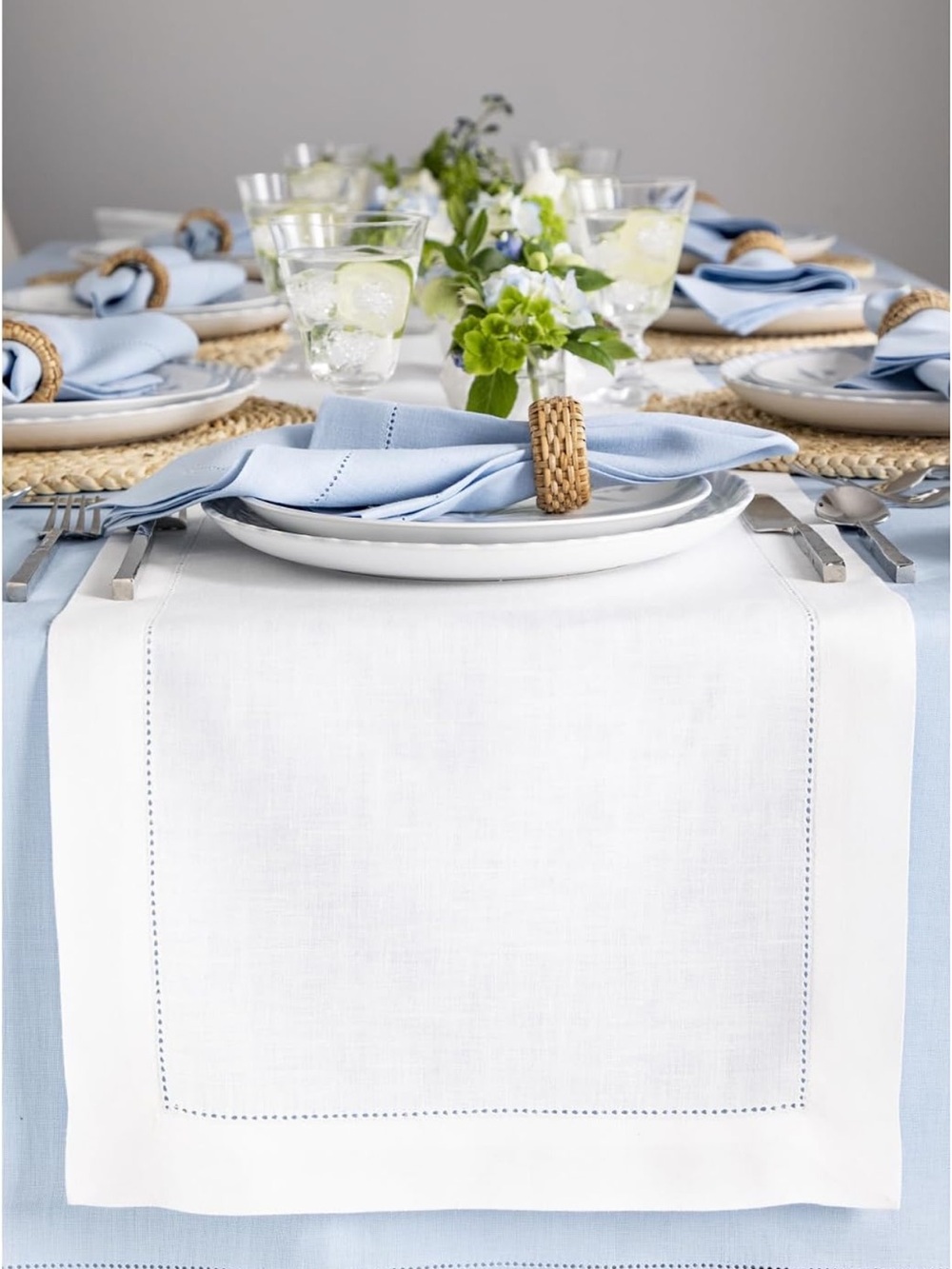 NEW Solino Home 100% Pure Linen Dining Table Runner White Hemstitch, 14 x 72 in